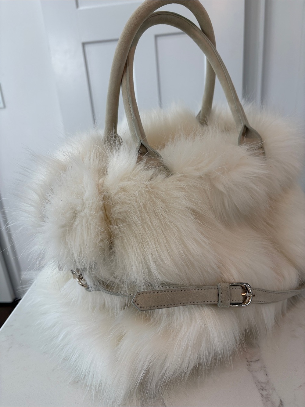 Ann Taylor Ivory Plush Faux Fur Satchel Large Handbag Purse - Picture 2 of 11